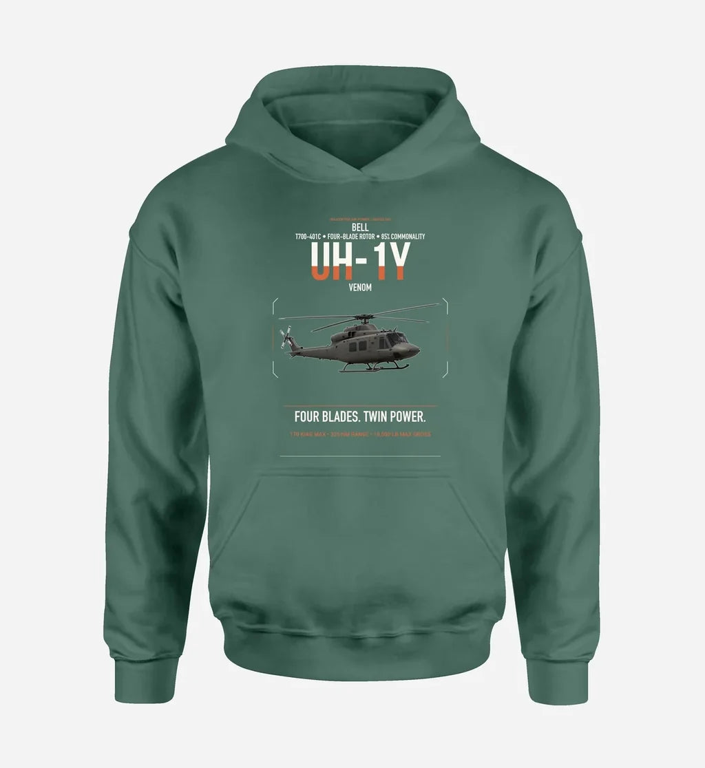 Bell UH-1Y Venom design on green double-side hoodie, single-side print
