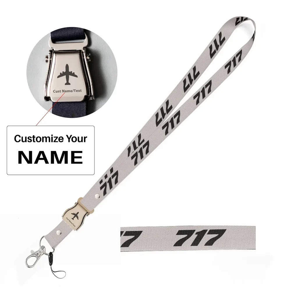 Boeing 717 Flat Text seat belt lanyard - light gray with name