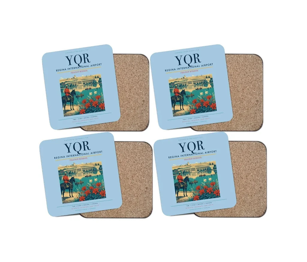 Regina International Airport (YQR) design on light blue 4 pieces set coaster