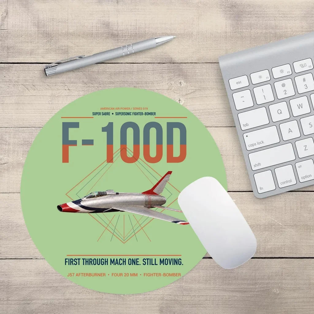 F-100D Super Sabre design on light green round mouse pad
