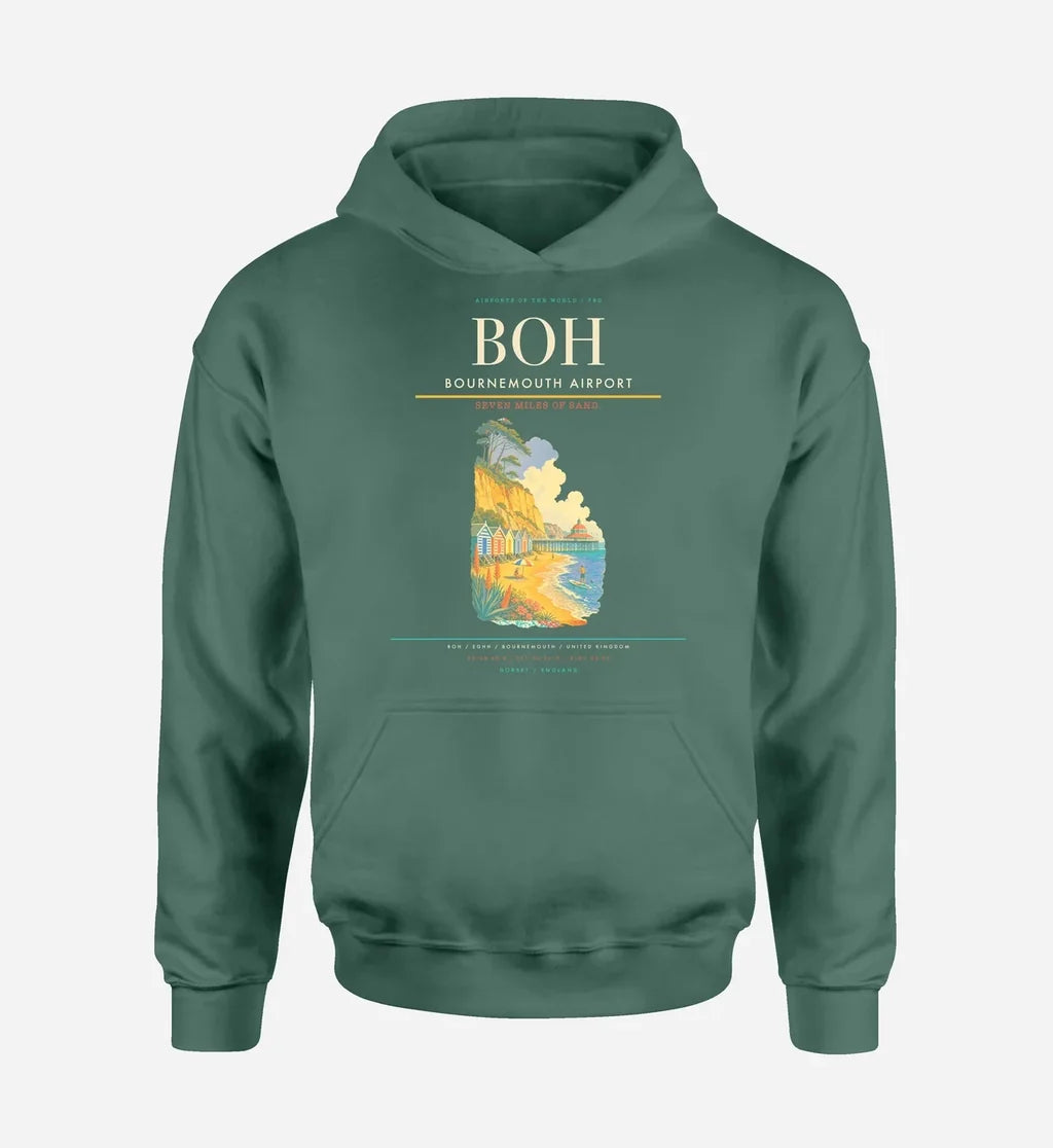 Bournemouth Airport (BOH) design on green hoodie single-side print
