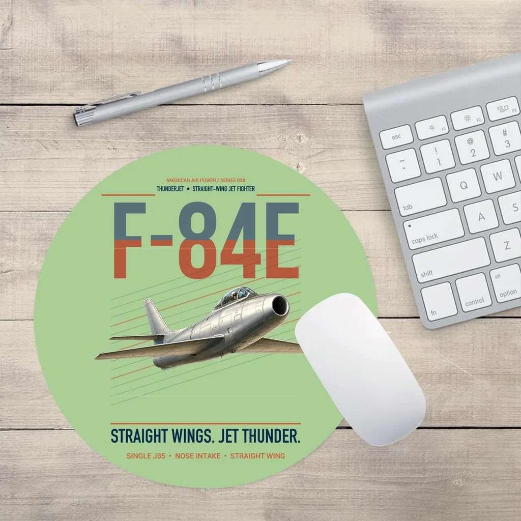 F-84E Thunderjet design on light green round mouse pad