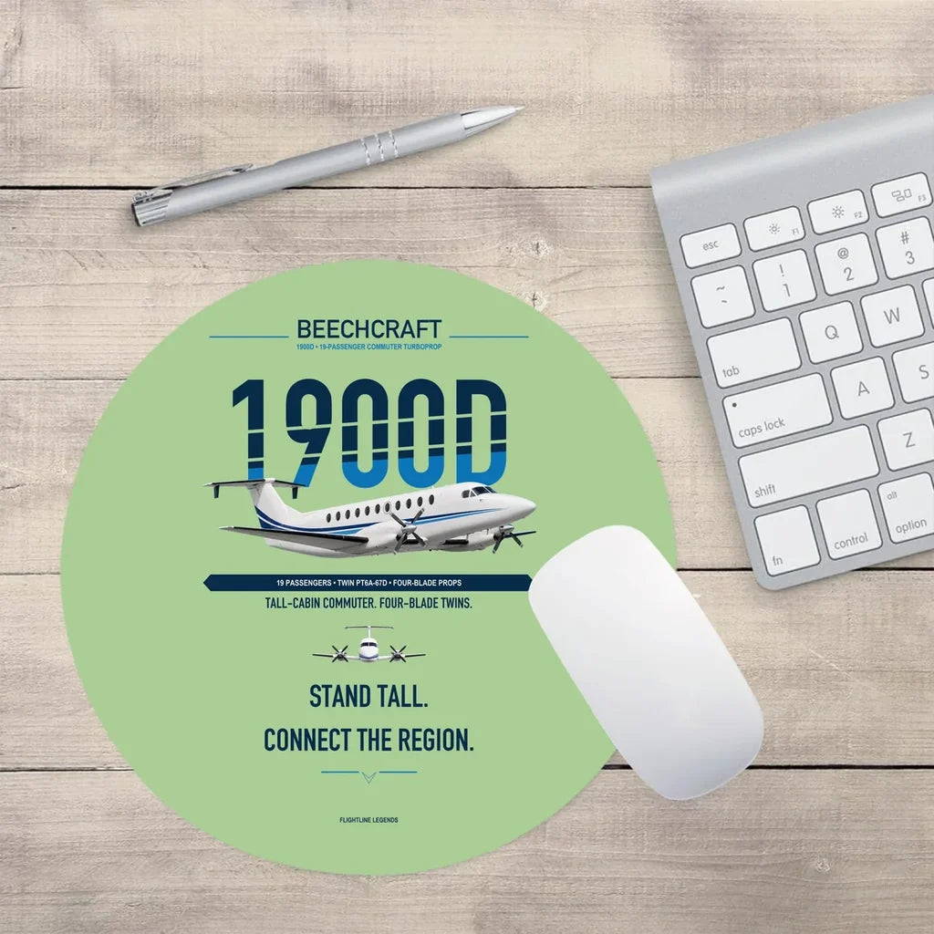 Beechcraft 1900D design on light green round mouse pad