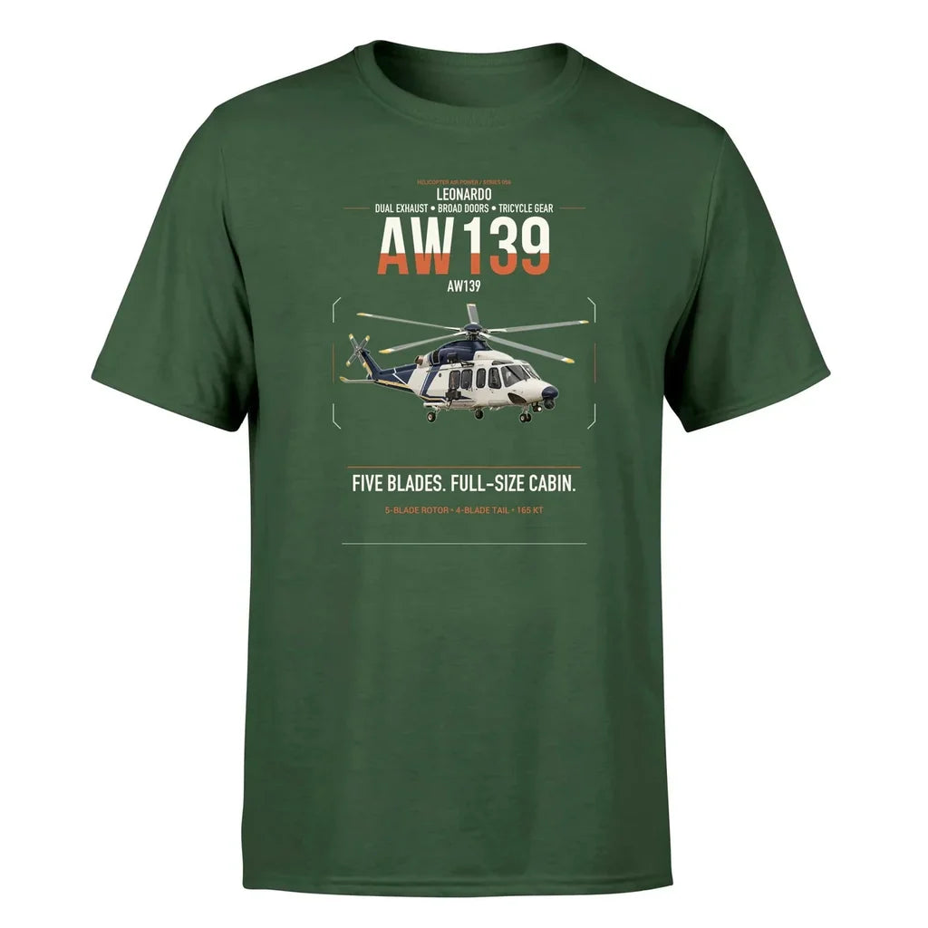 Leonardo AW139 design on dark green t-shirt, single-side print