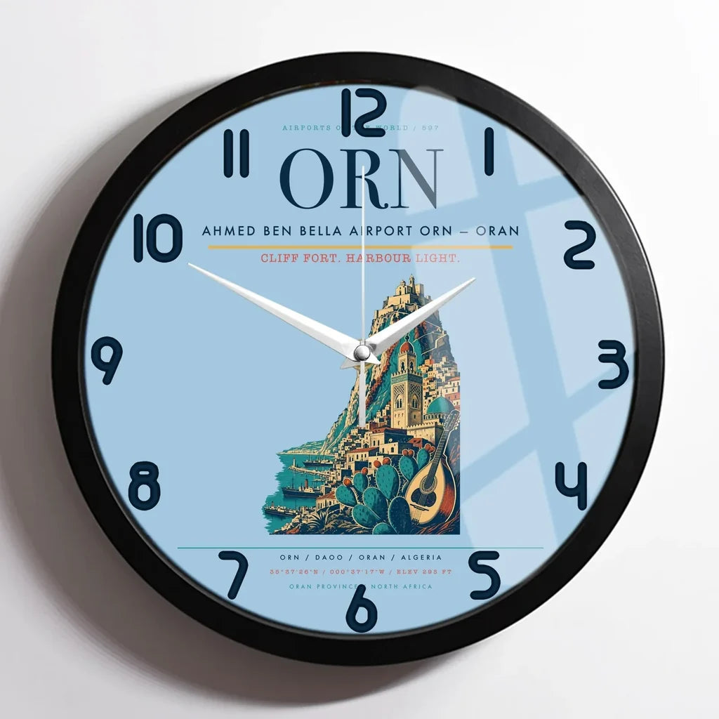 Ahmed Ben Bella Airport (ORN) design on light blue framed wall clock