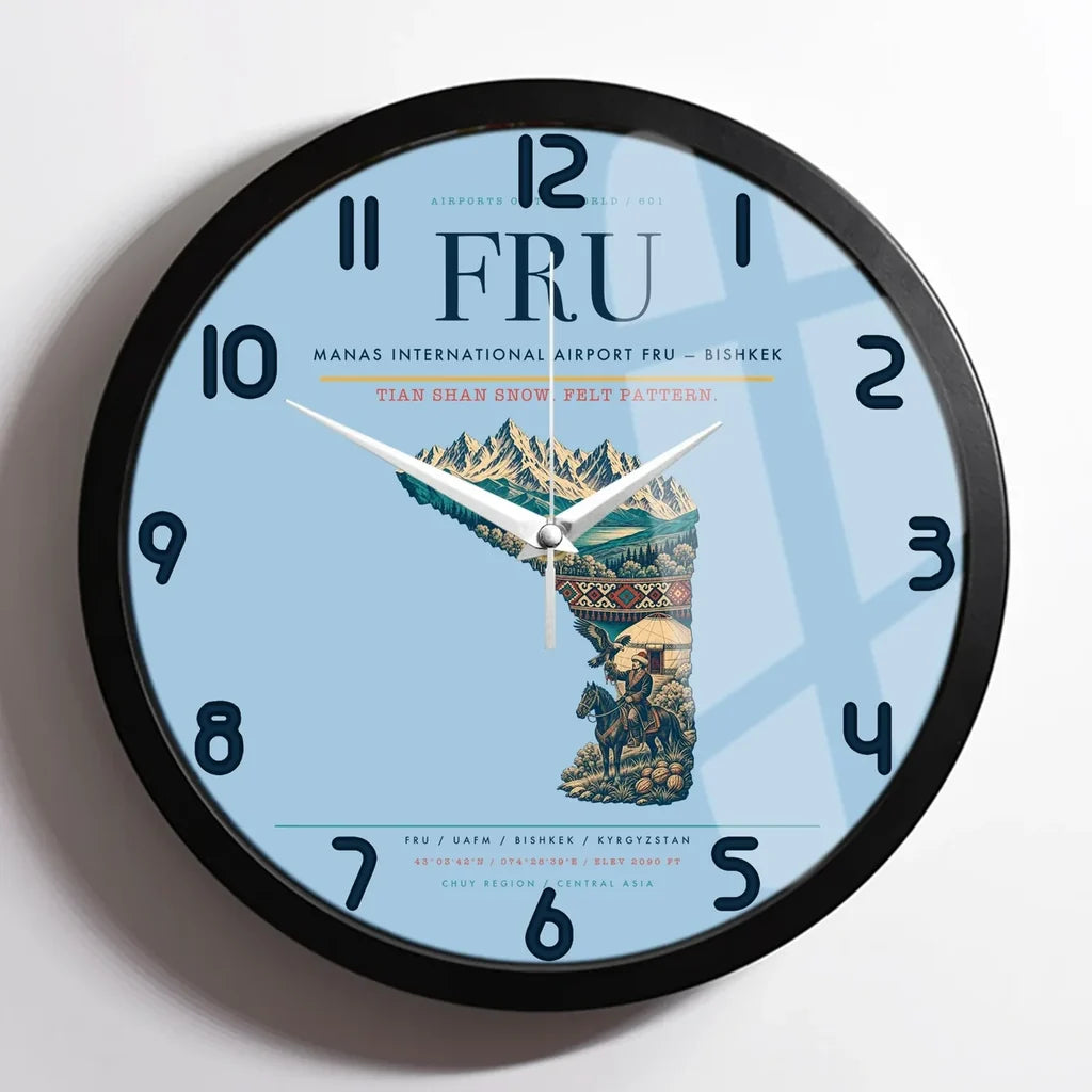 Manas International Airport (FRU) design on light blue framed wall clock