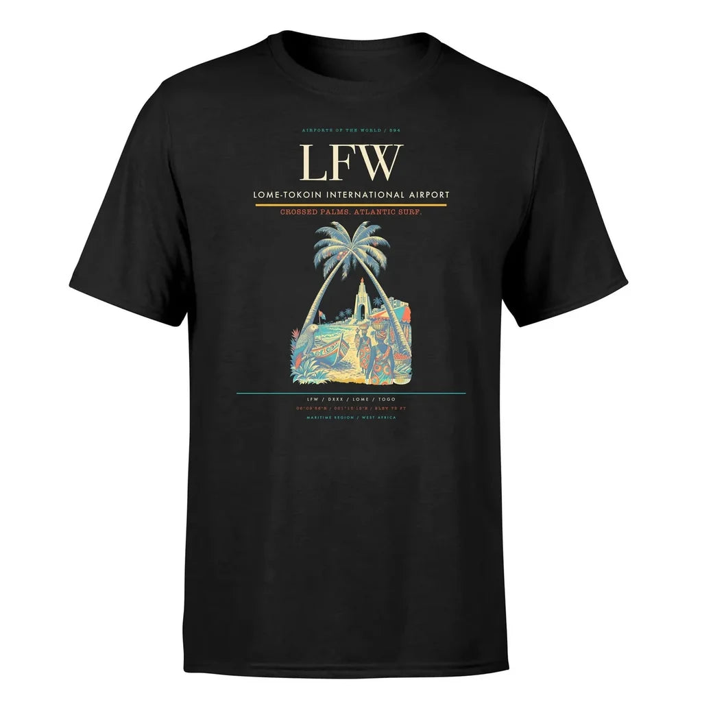 Lome-Tokoin International Airport (LFW) T-Shirt single-side front print in Black | lome-tokoin-international-airport-lfw-double-side-t-shirt