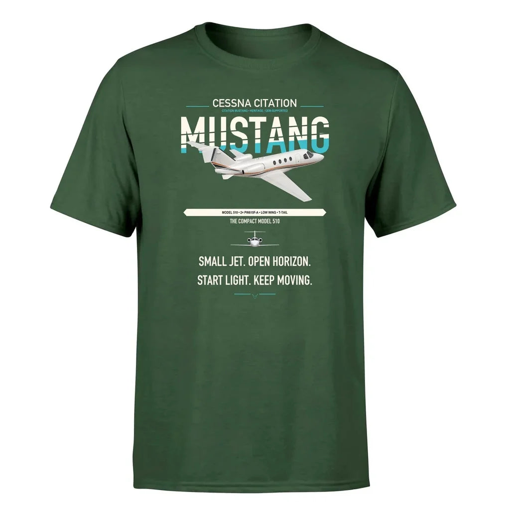 Cessna Citation Mustang design on dark green double-side t-shirt, single-side print