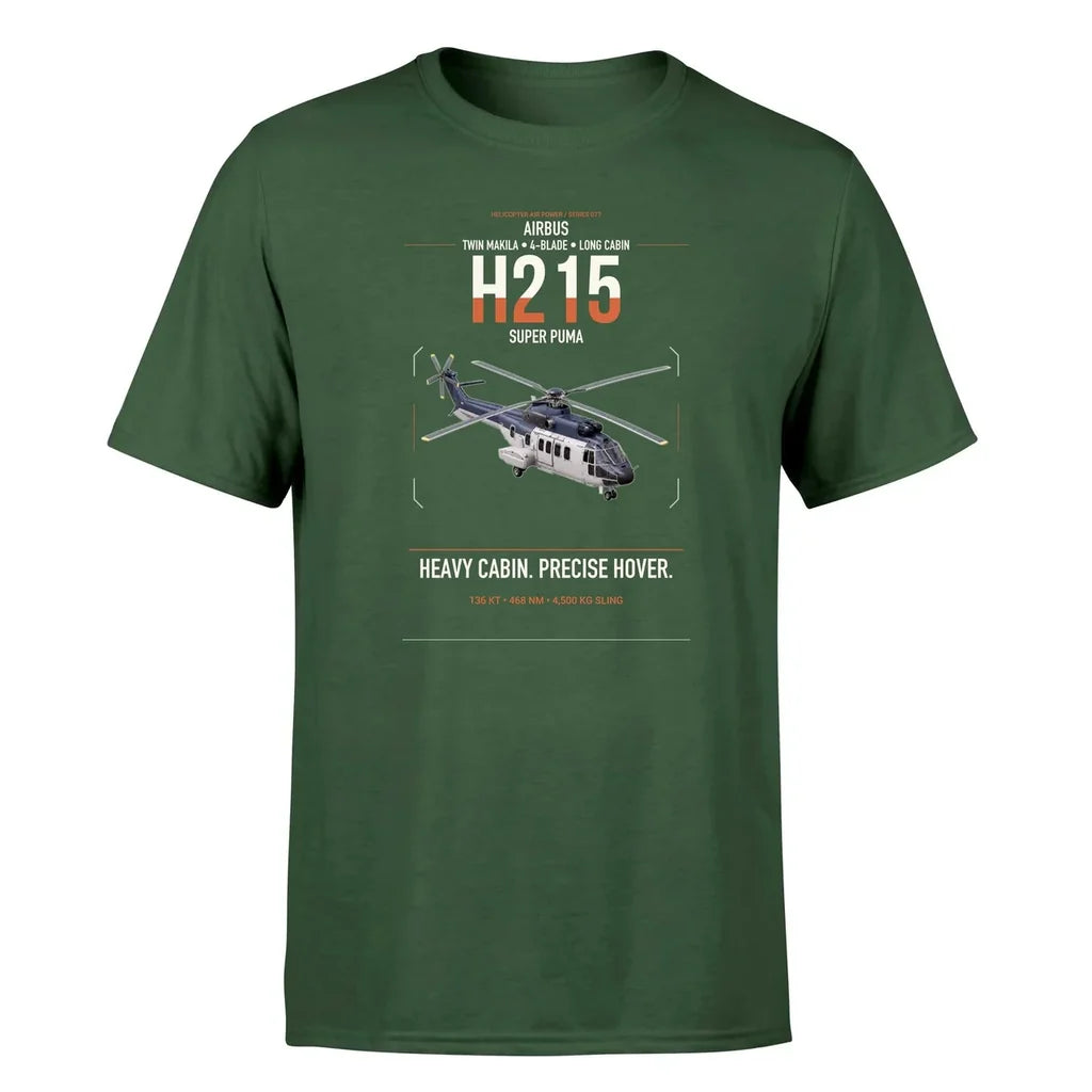 Airbus H215 design on dark green t-shirt, single-side print