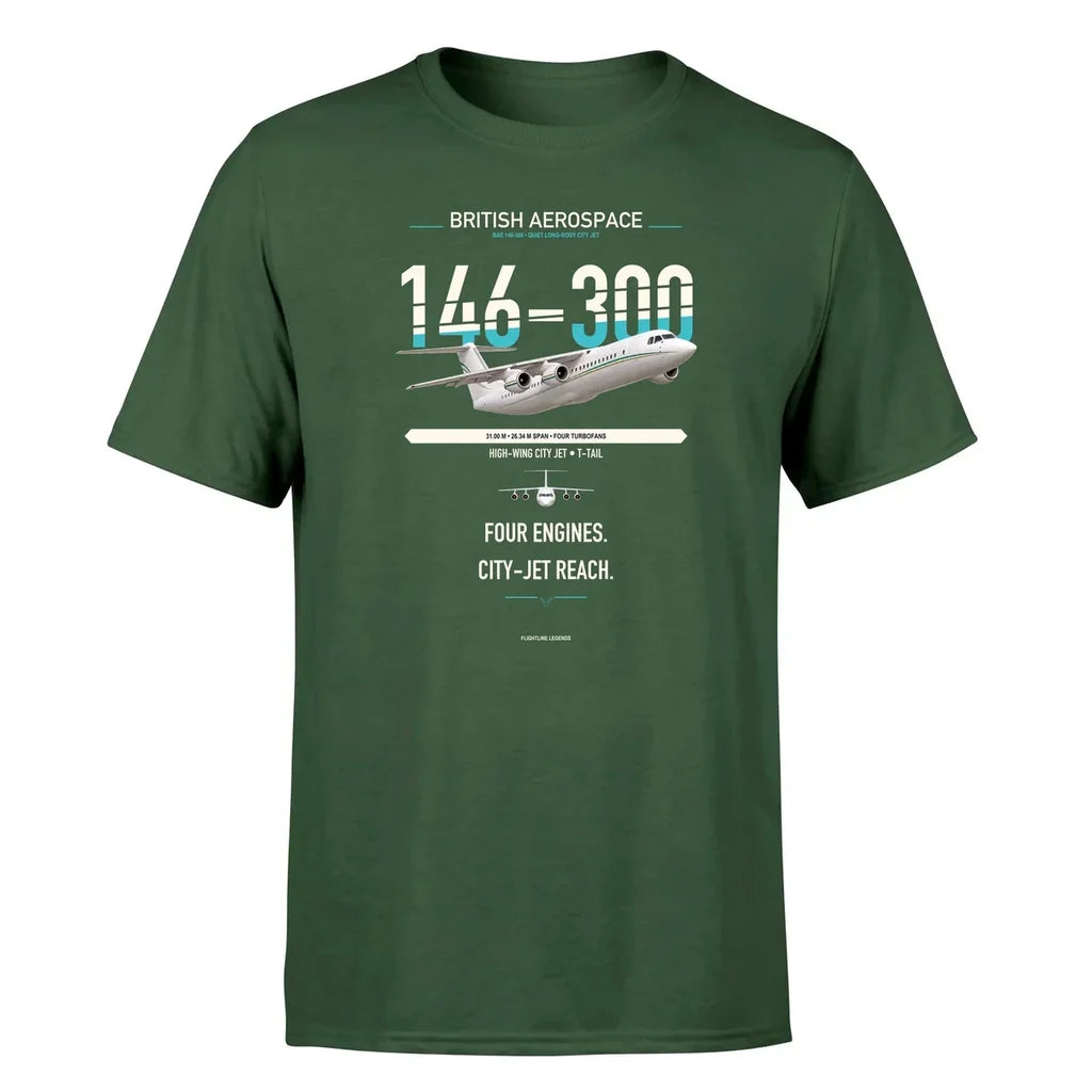 BAe 146-300 design on dark green double-side t-shirt, single-side print