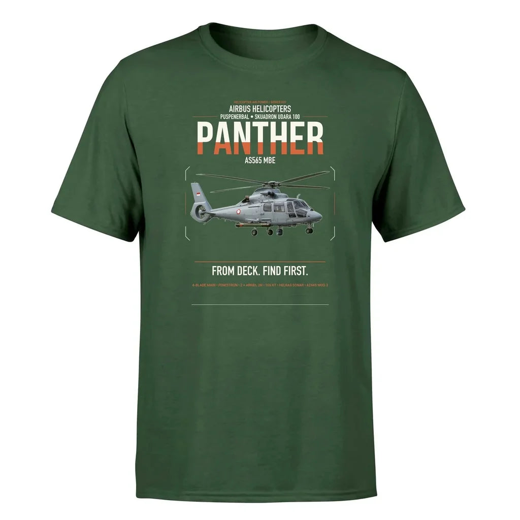 Airbus Helicopters AS565 MBe Panther design on dark green t-shirt, single-side print