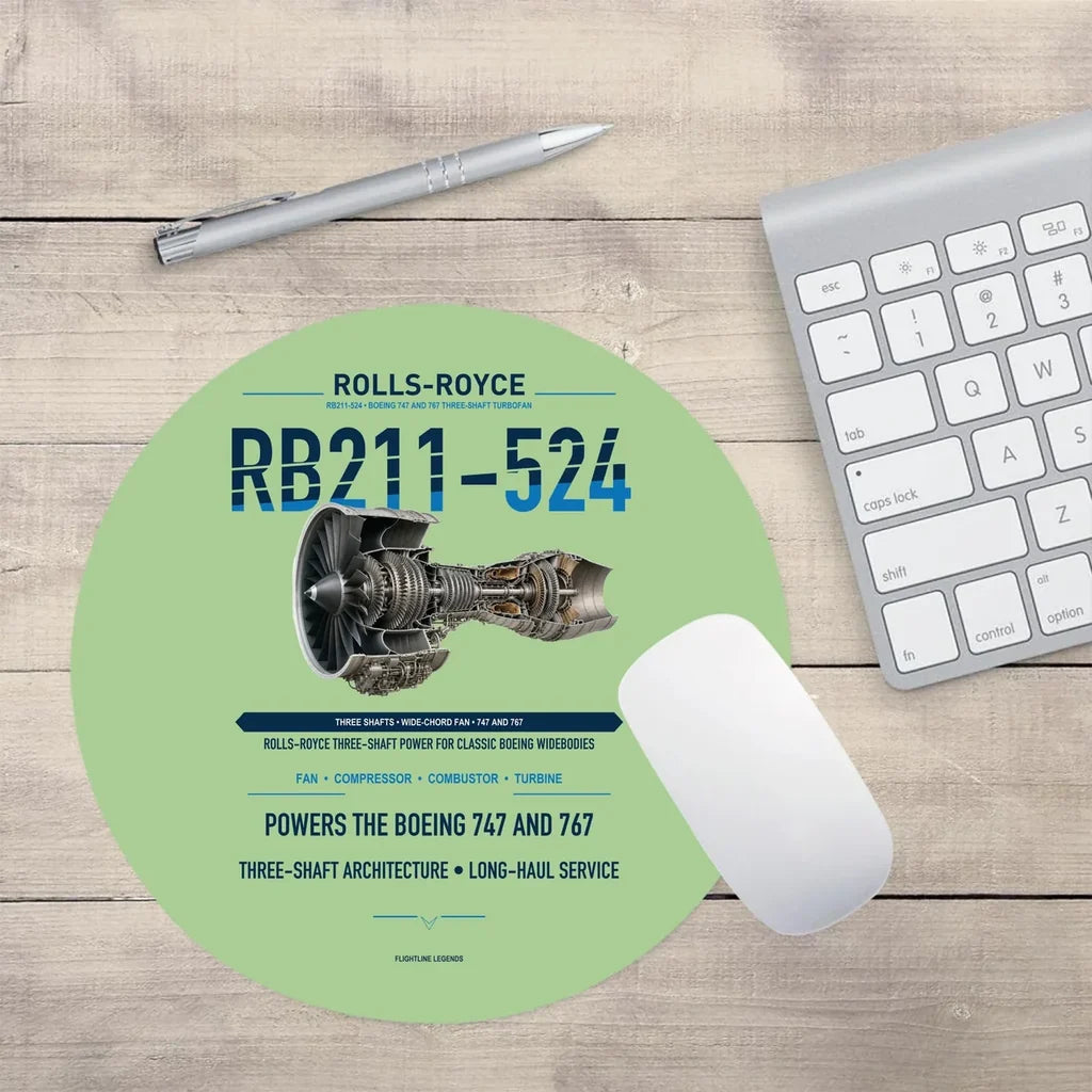 RB211-524 design on light green round mouse pad