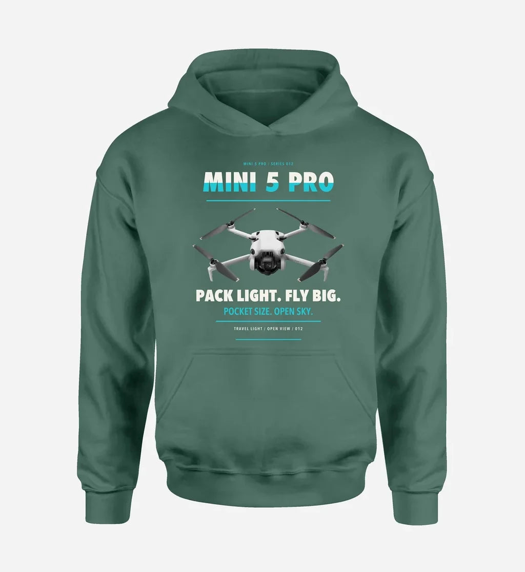 DJI Mini 5 Pro design on green hoodie single side