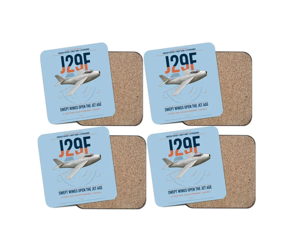 Saab J 29F Tunnan design on light blue 4 pieces set coaster