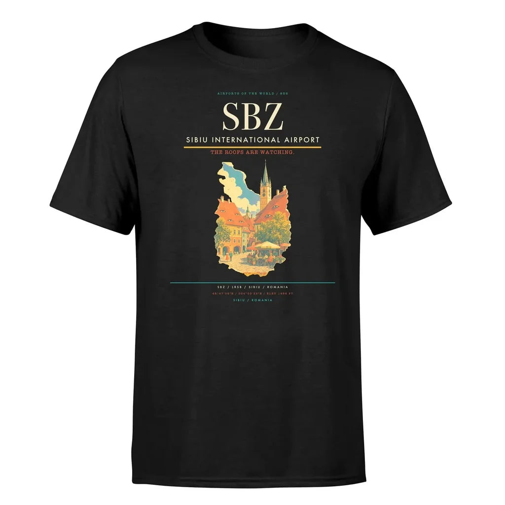 Sibiu International Airport (SBZ) T-Shirt single-side front print in Black | sibiu-international-airport-sbz-double-side-t-shirt