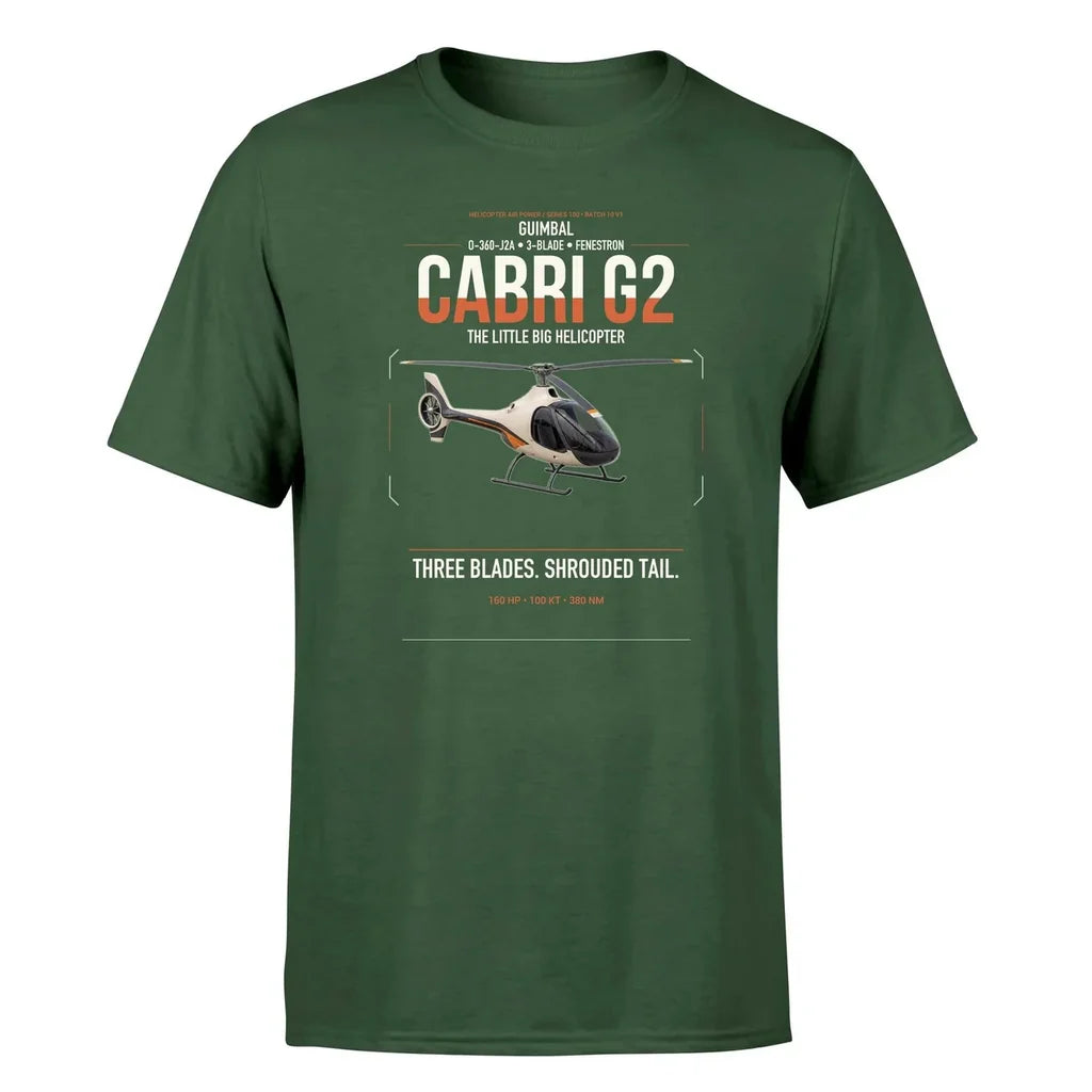 Guimbal Cabri G2 design on dark green t-shirt, single-side print