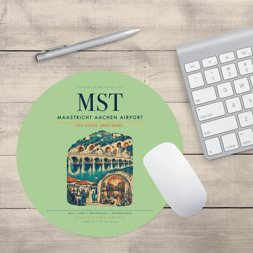 Maastricht Aachen Airport (MST) design on light green round mouse pad