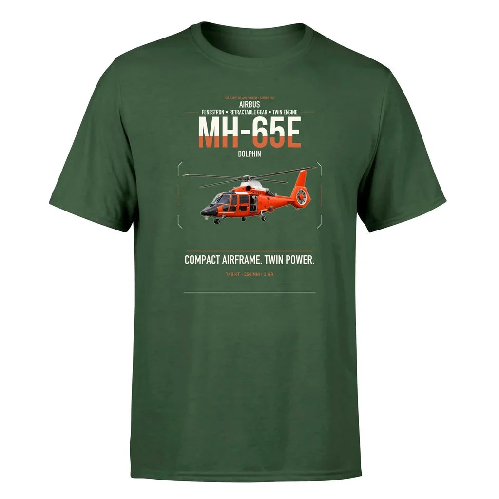 Airbus MH-65E Dolphin design on dark green t-shirt, single-side print