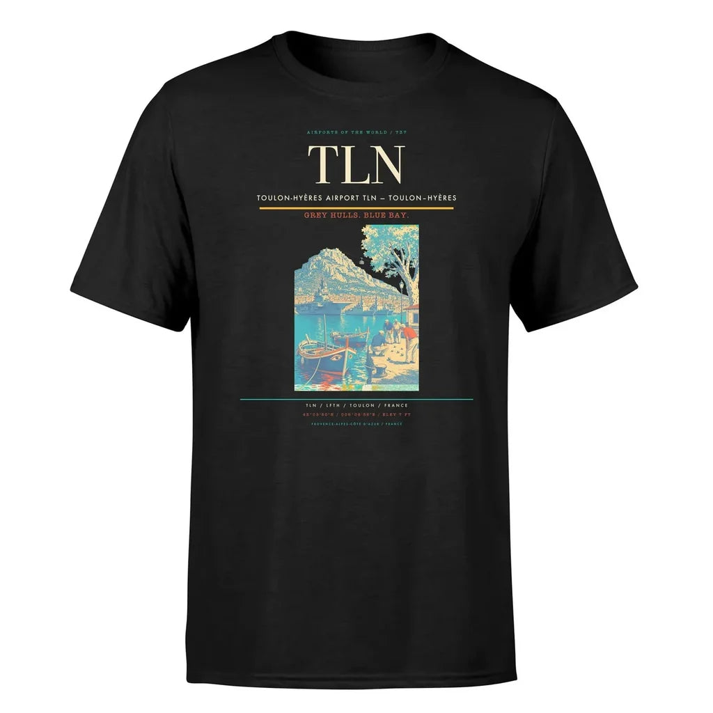 Toulon-Hyères Airport (TLN) T-Shirt single-side front print in Black | toulon-hyères-airport-tln-double-side-t-shirt