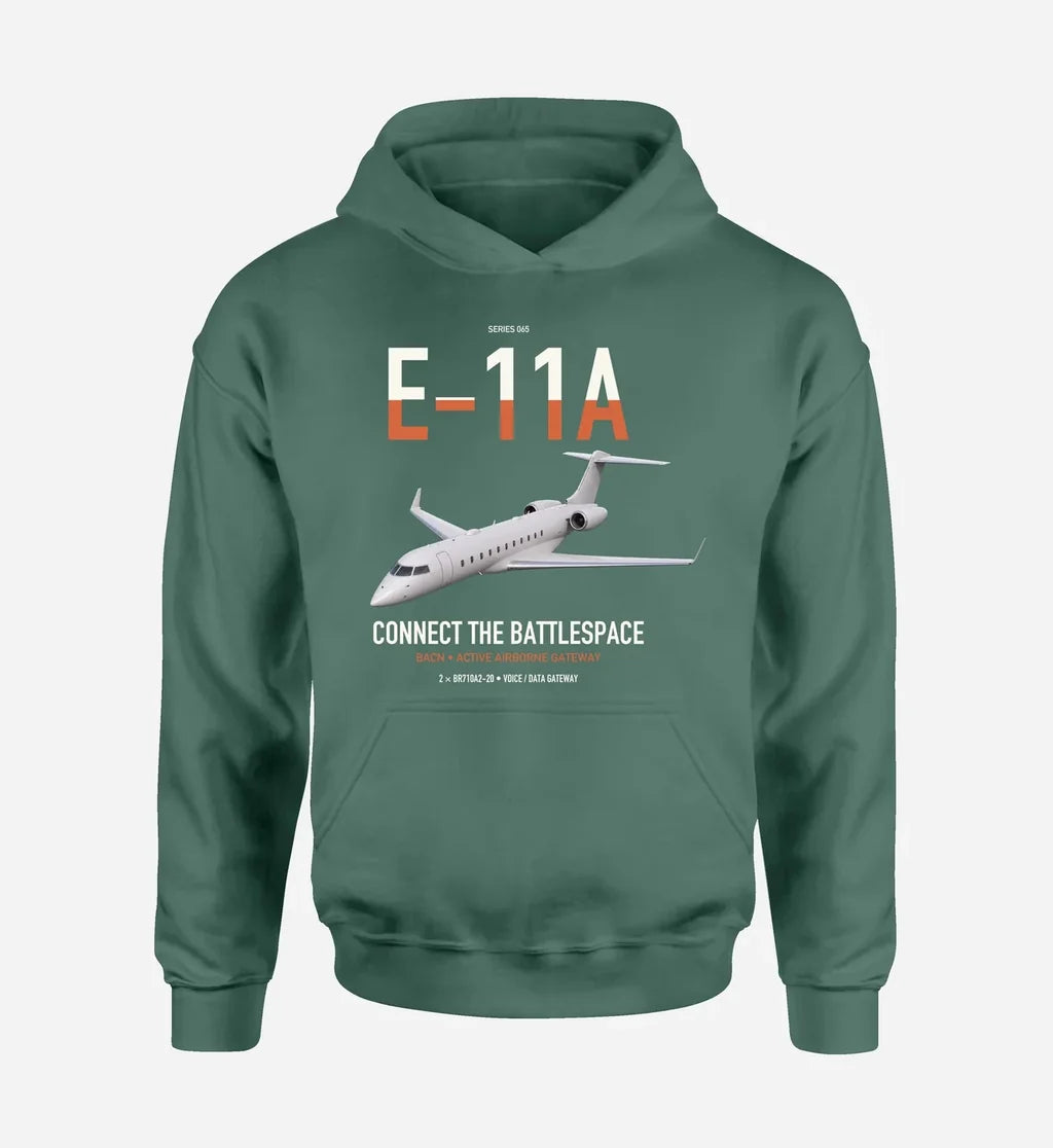 E-11A BACN design on green double-side hoodie, single-side print