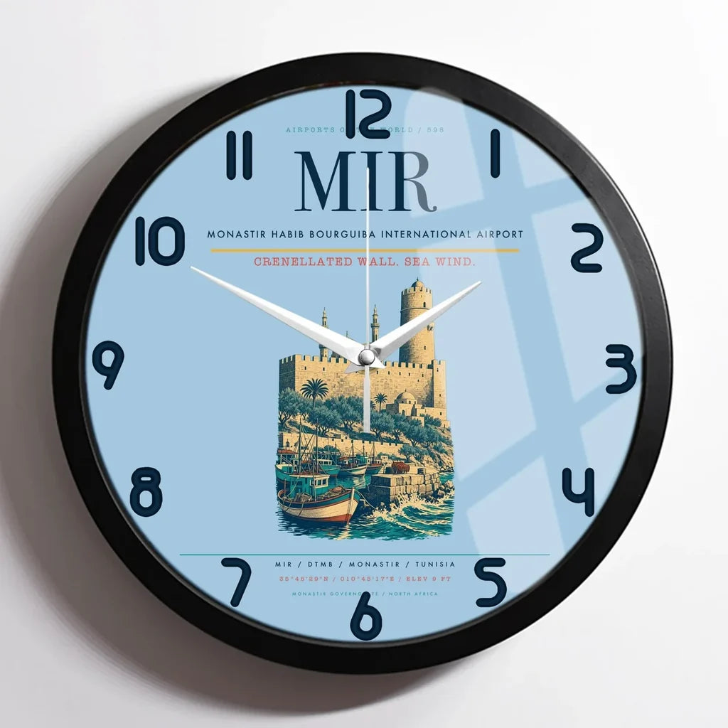 Monastir Habib Bourguiba International Airport (MIR) design on light blue framed wall clock