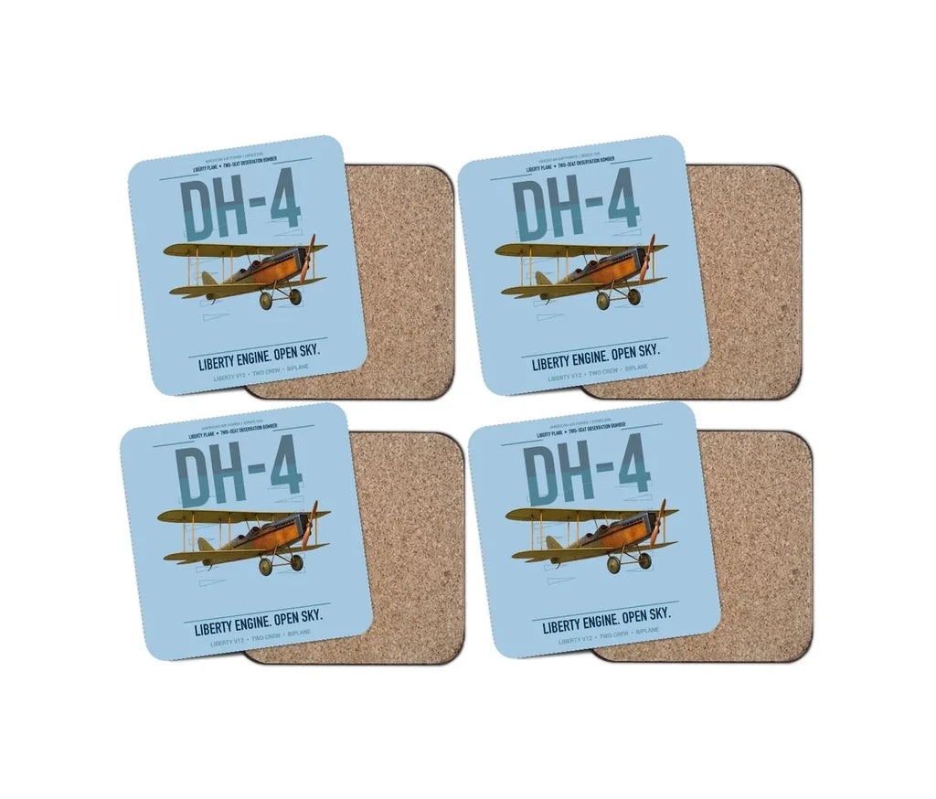 Airco DH-4 Liberty Plane design on light blue 4 pieces set coaster