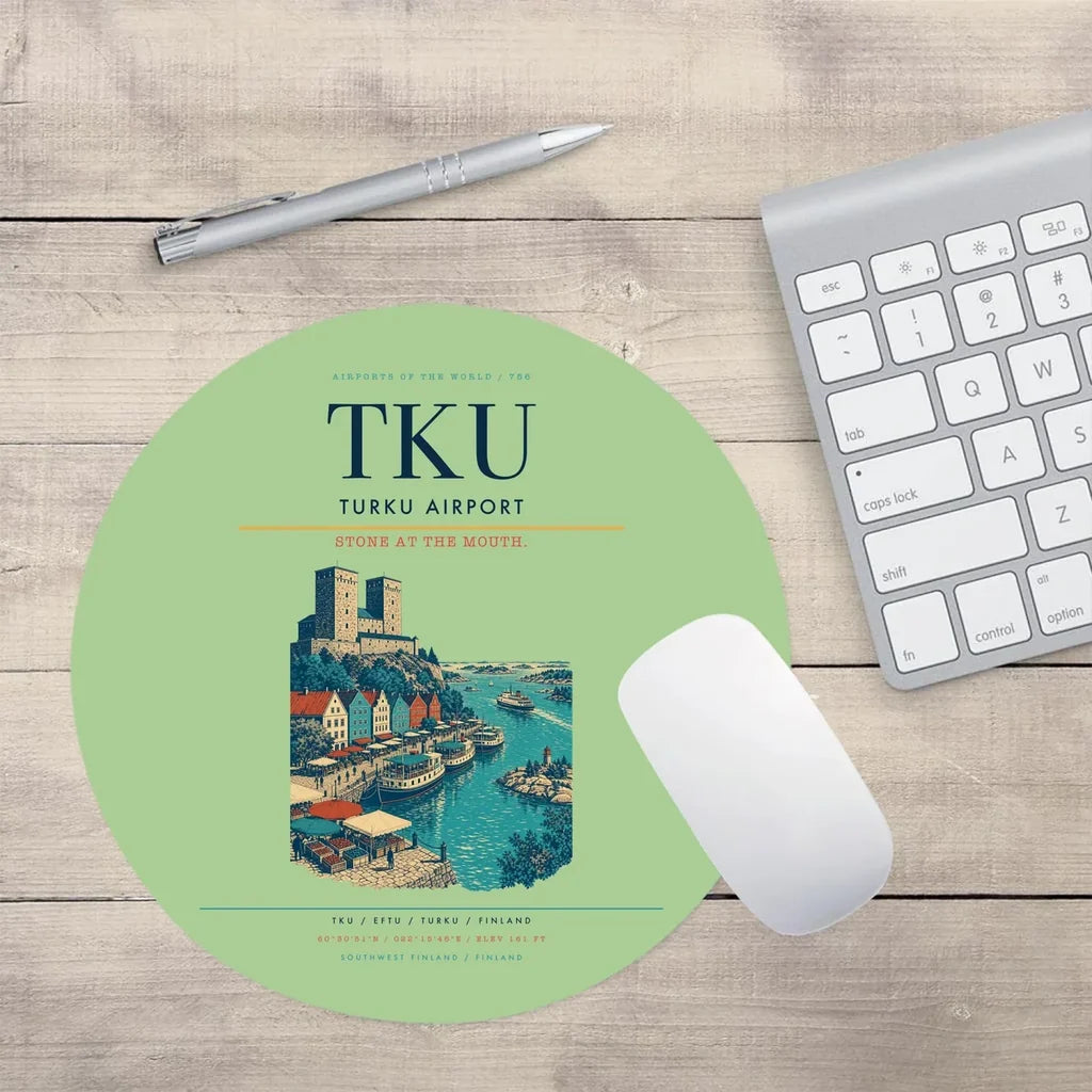 Turku Airport (TKU) design on light green round mouse pad