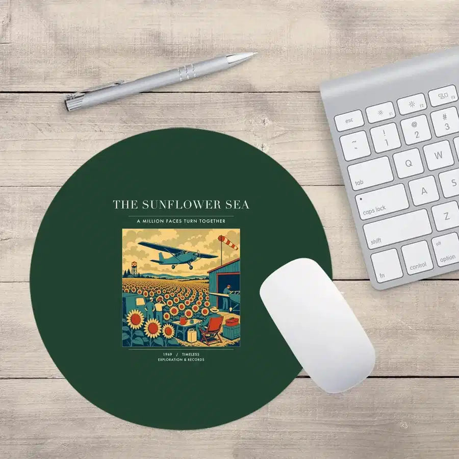 VINTAGE G4391 - The Sunflower Sea - Designed Mouse Pads design on darkgreen round