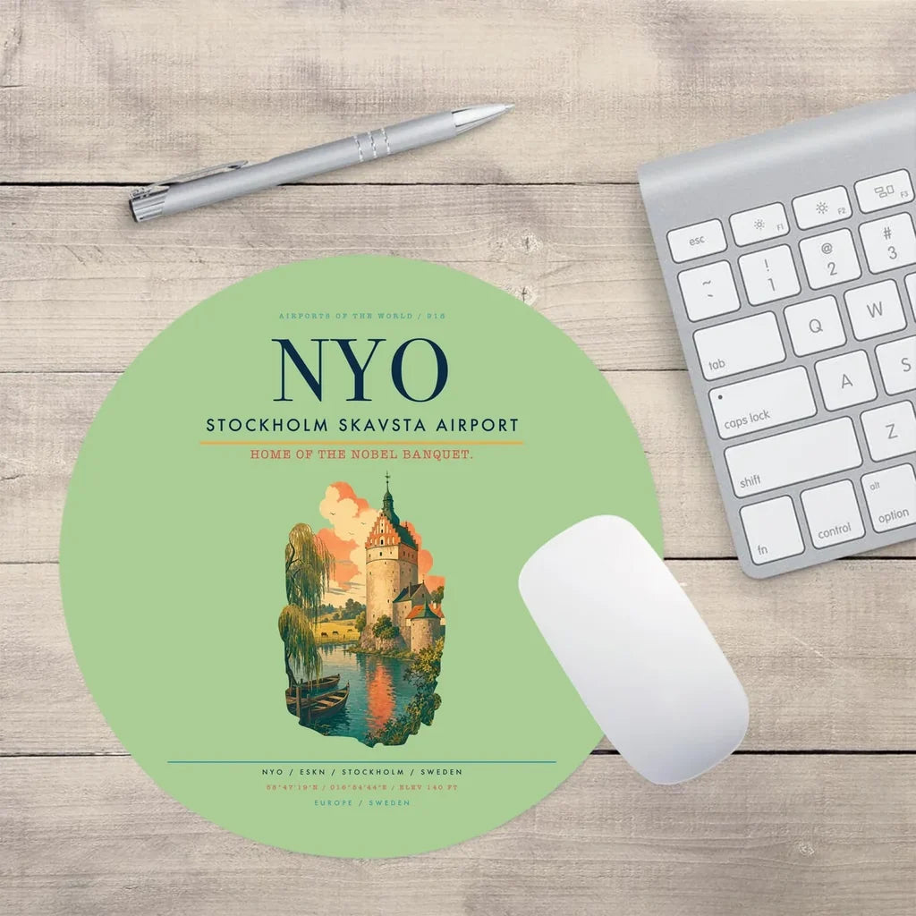 Stockholm Skavsta Airport (NYO) design on light green round mouse pad