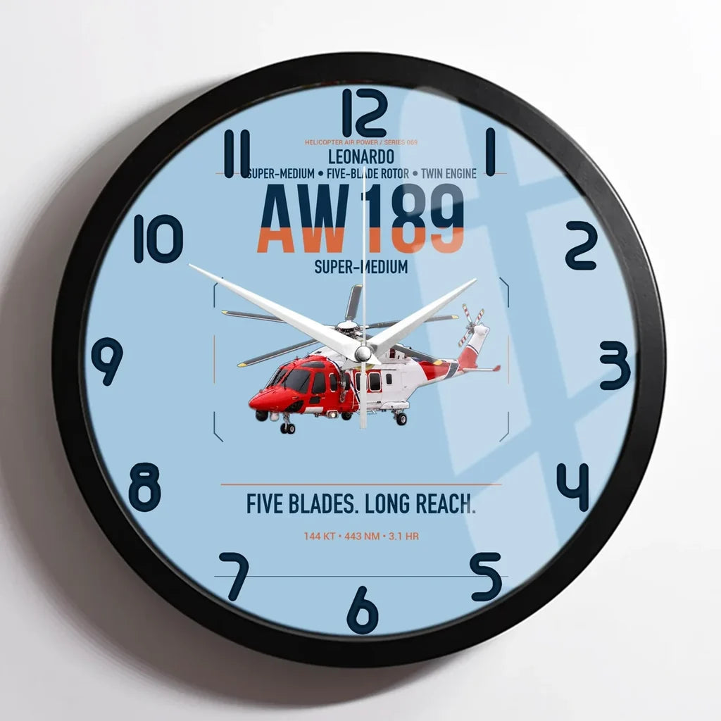 Leonardo AW189 design on light blue framed wall clock