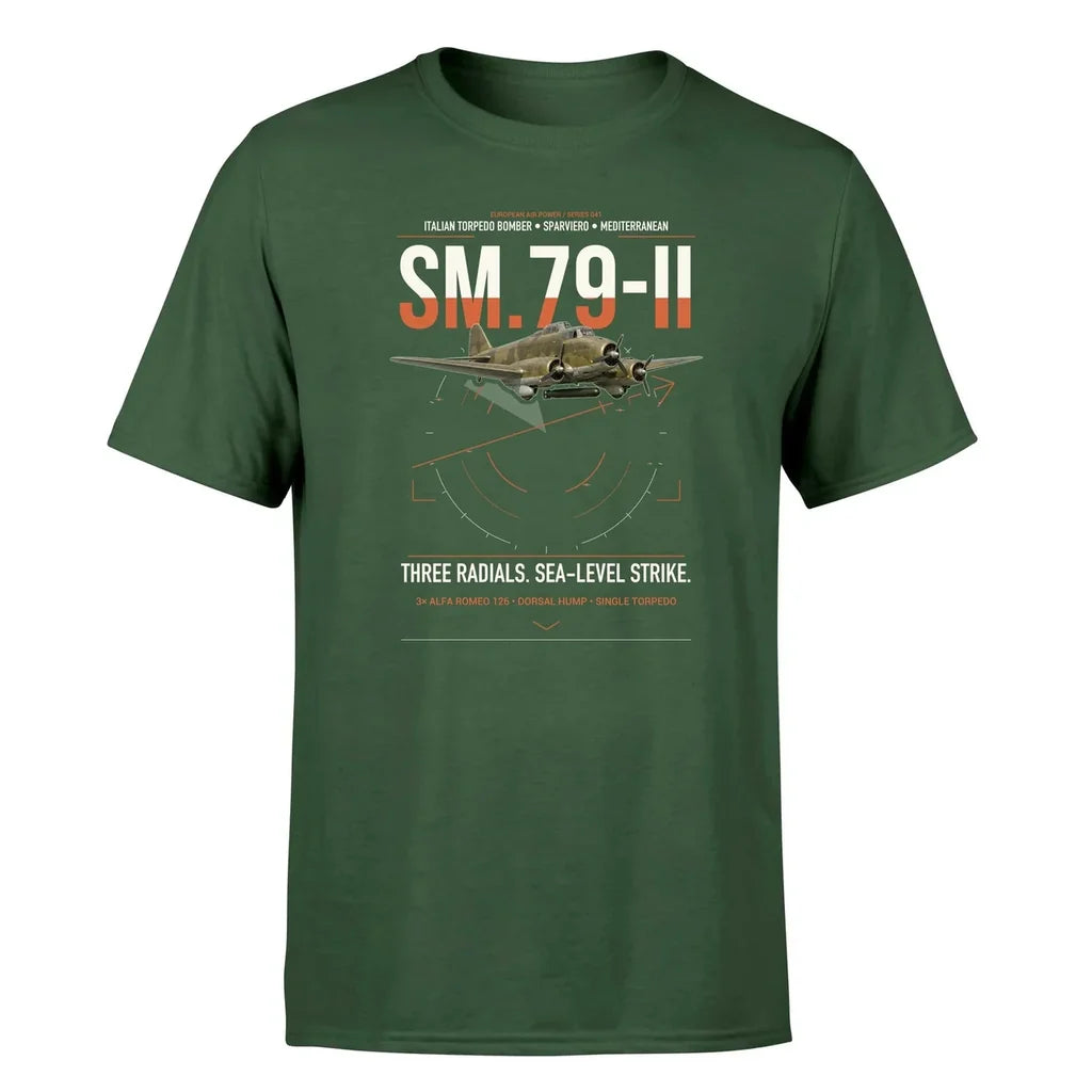Savoia-Marchetti SM.79-II Sparviero design on dark green t-shirt, single-side print
