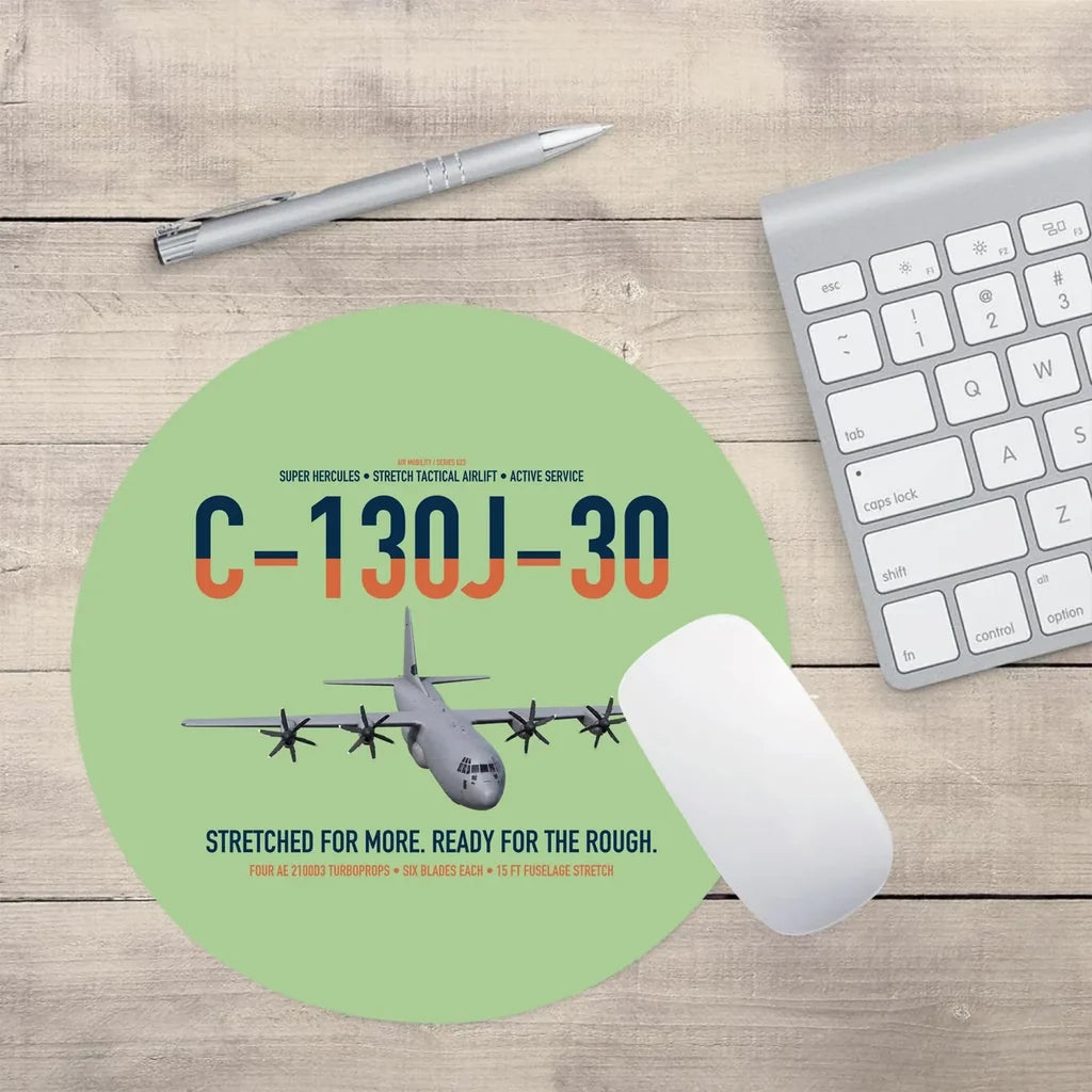 C-130J-30 Super Hercules design on light green round mouse pad