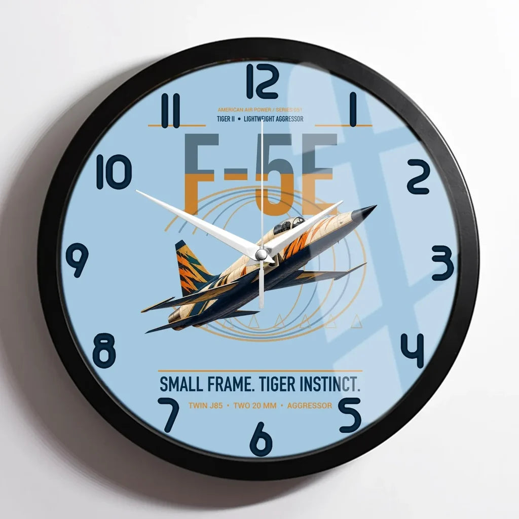 F-5E Tiger II design on light blue framed wall clock