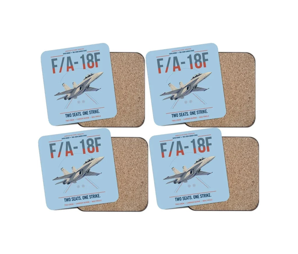 F-A-18F Super Hornet design on light blue 4 pieces set coaster