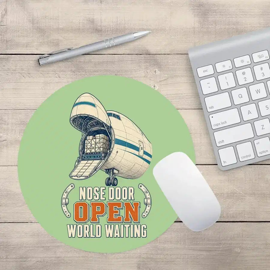 Nose Door Open World Waiting design on light green round mouse pad