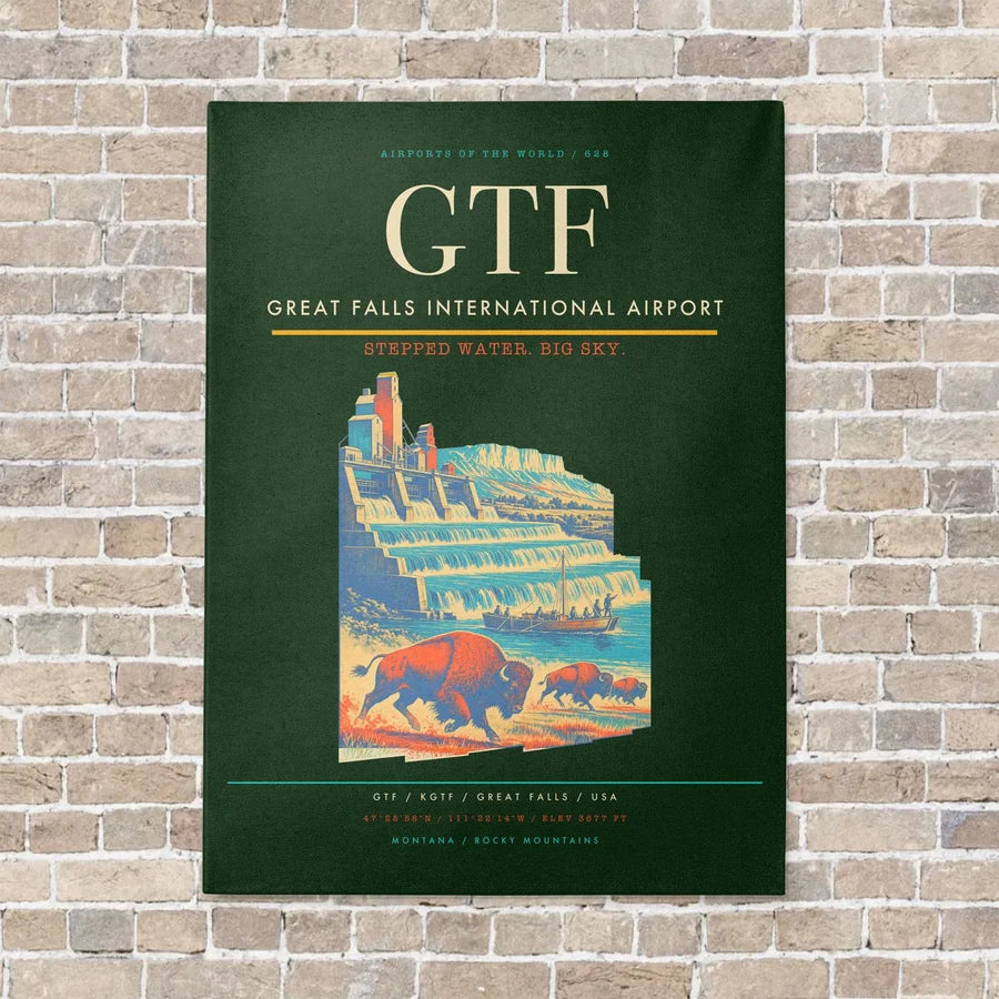 Great Falls International Airport GTF vertical canvas print - no frame - dark green background