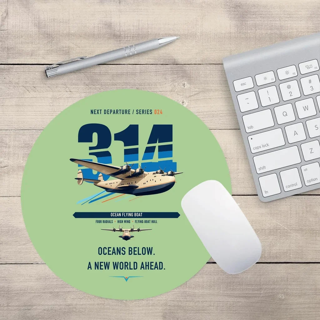 Boeing 314 Clipper design on light green round mouse pad