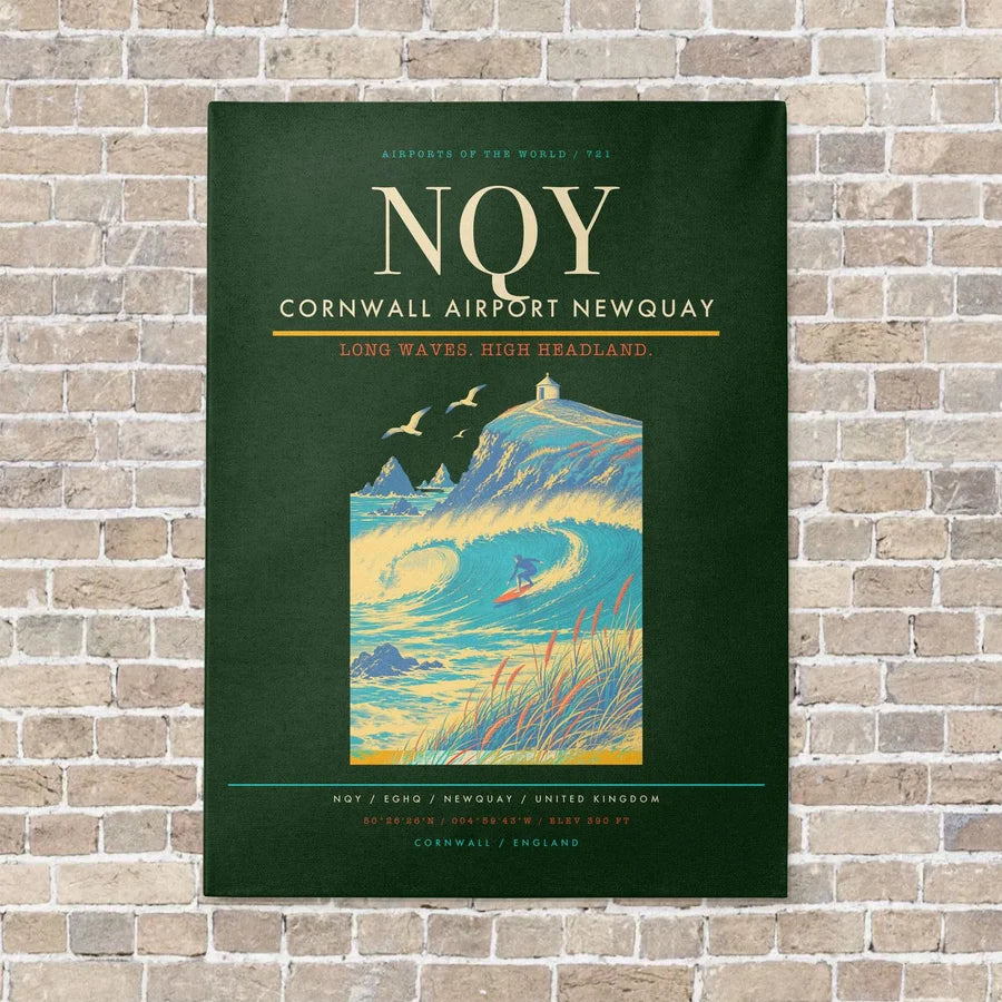Cornwall Airport Newquay NQY vertical canvas print - no frame - dark green background