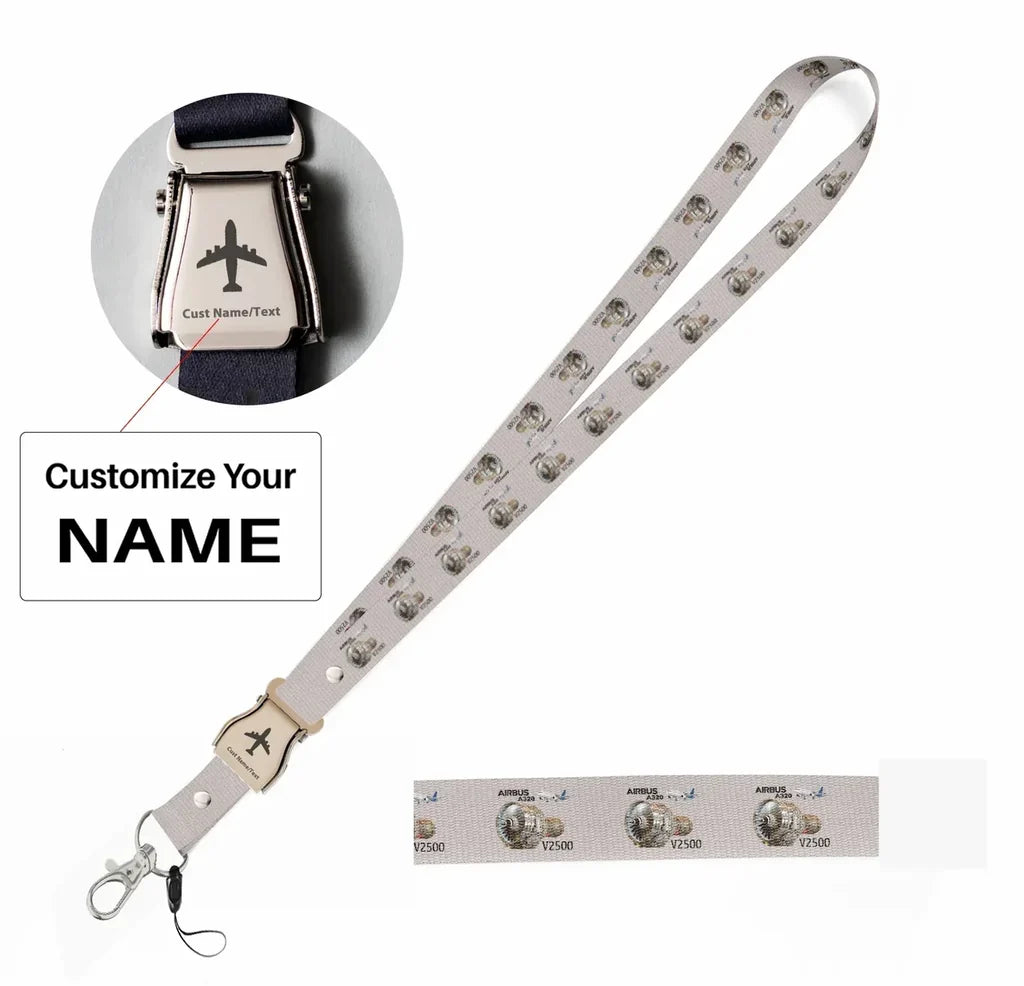 Airbus A320 & V2500 Engine seat belt lanyard - light gray with name