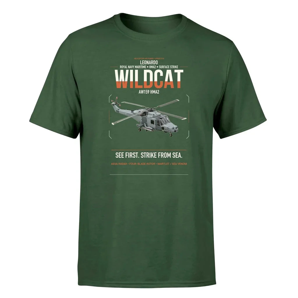 Leonardo AW159 Wildcat HMA2 design on dark green t-shirt, single-side print