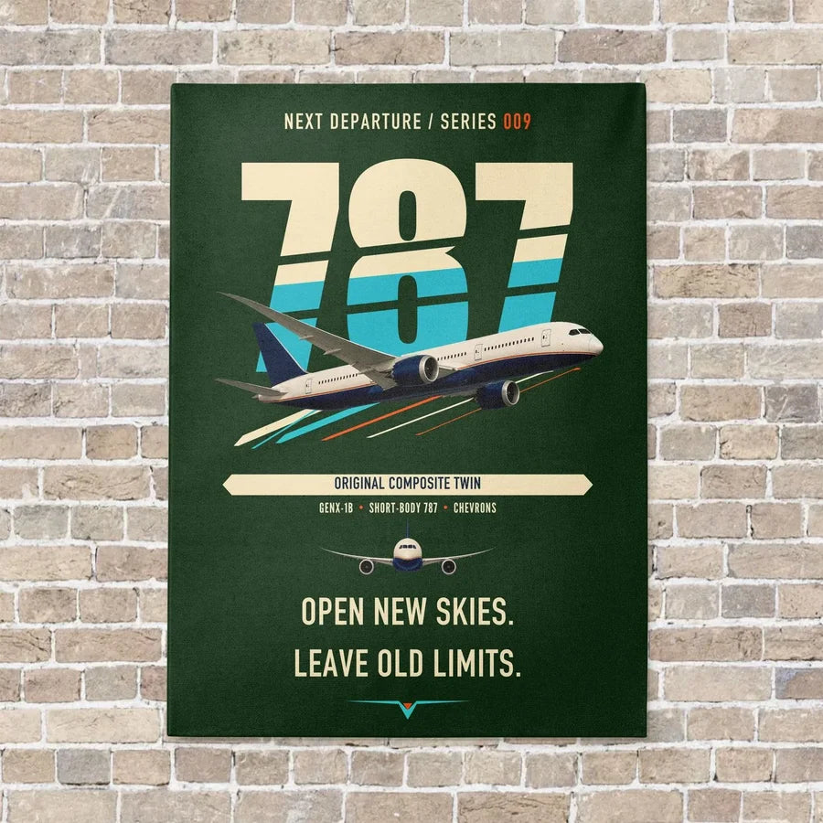 Boeing 787-8 Dreamliner vertical canvas print - no frame - dark green background