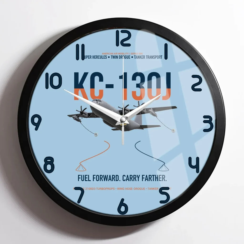 KC-130J SUPER HERCULES design on light blue framed wall clock