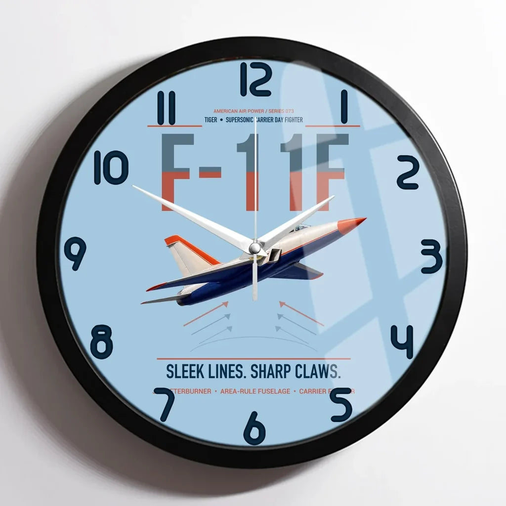 F-11F Tiger design on light blue framed wall clock