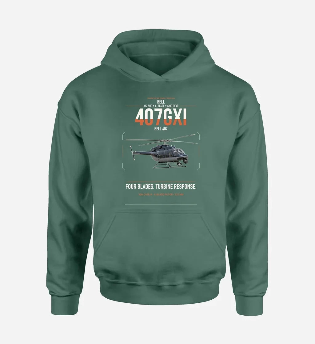Bell 407GXi design on green double-side hoodie, single-side print