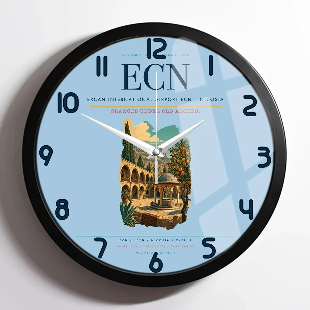 Ercan International Airport (ECN) design on light blue framed wall clock