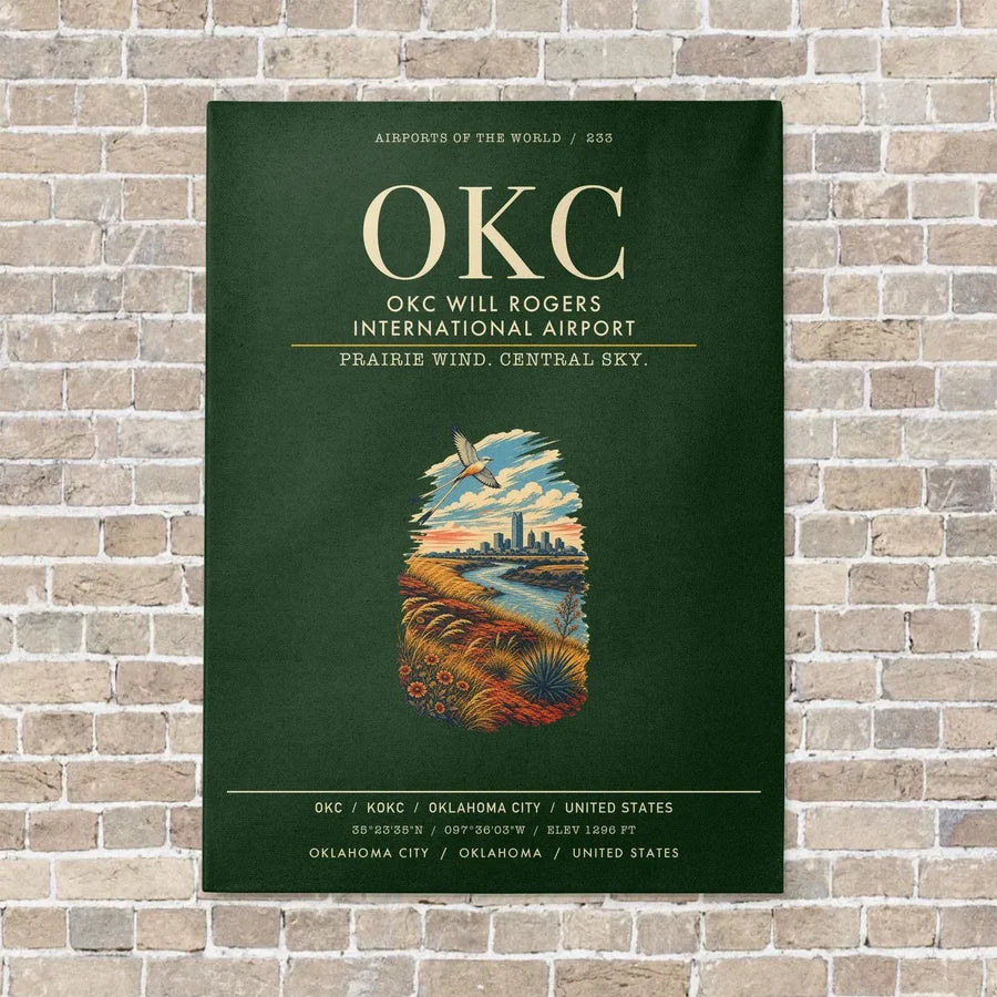 OKC Will Rogers International Airport OKC vertical canvas print - no frame - dark green background