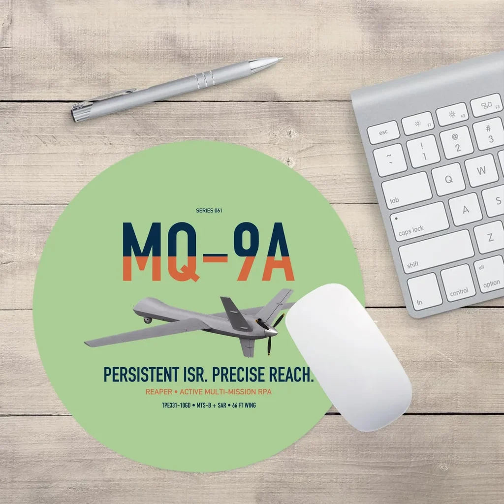 MQ-9A Reaper design on light green round mouse pad