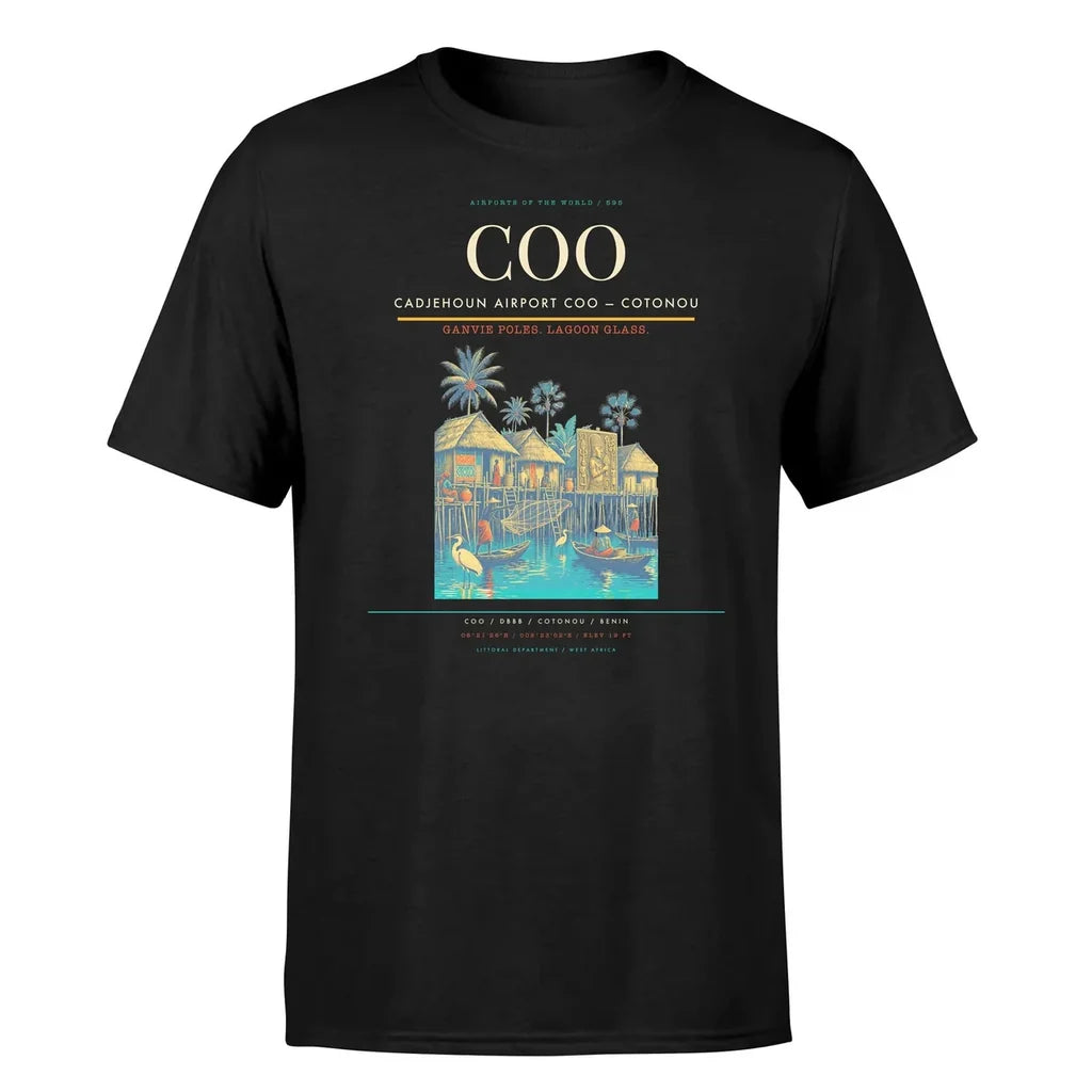 Cadjehoun Airport (COO) T-Shirt single-side front print in Black | cadjehoun-airport-coo-double-side-t-shirt