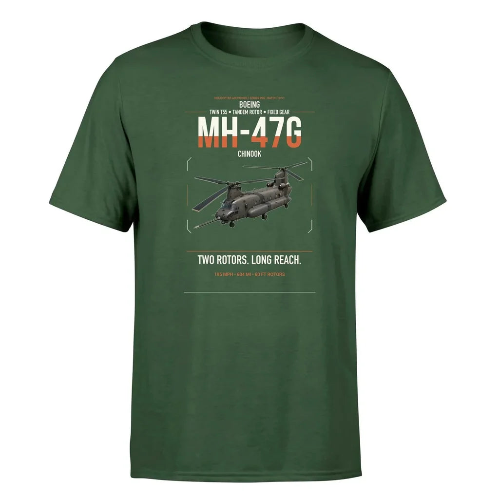 Boeing MH-47G Chinook design on dark green t-shirt, single-side print