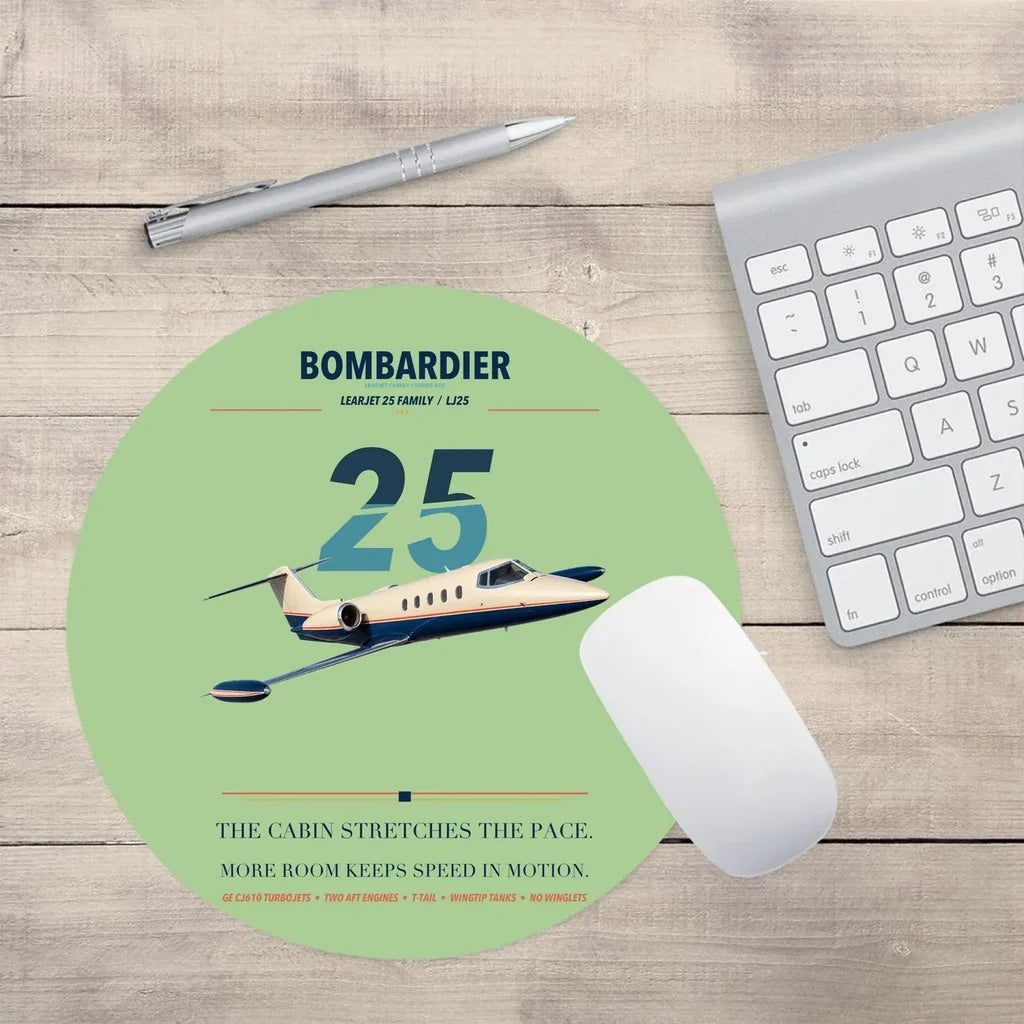 Bombardier Learjet 25 design on light green round mouse pad